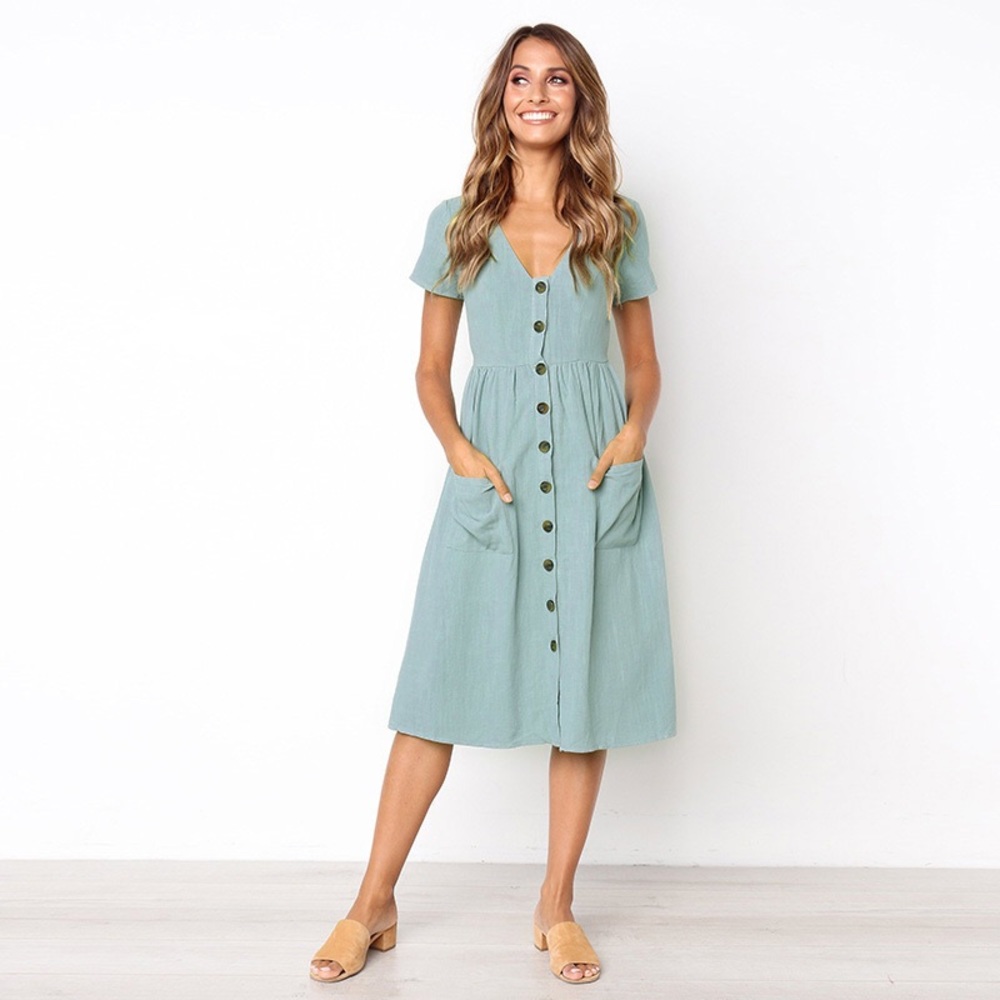 Buttoned V-Neck Dress with Pockets